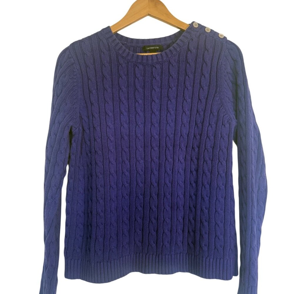 Lands End Purple Chunky Cable Knit Sweater Size L Pullover Preppy Fisherman